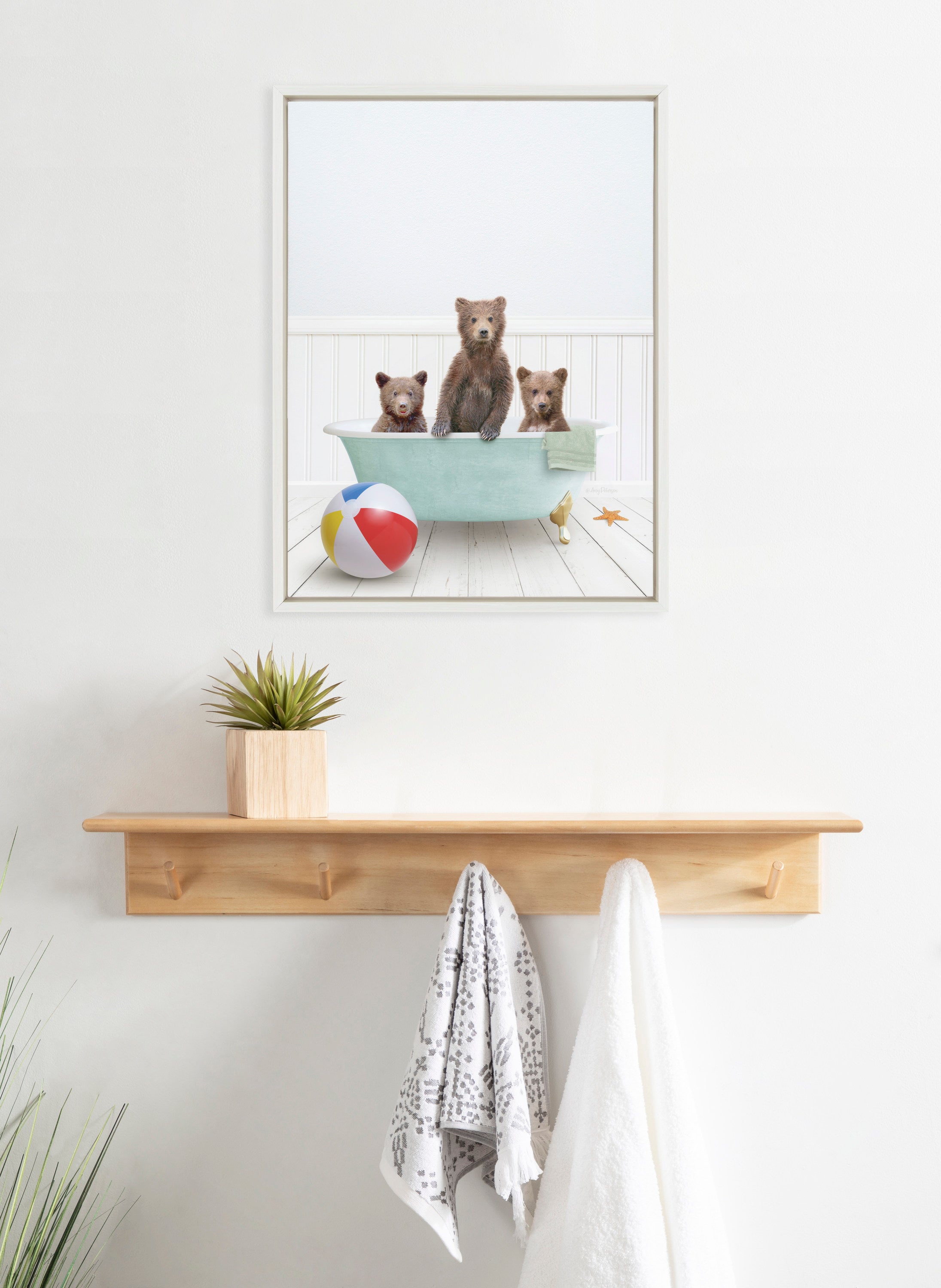 Sylvie Three Bear Cubs In Beach House Bath Framed Canvas by Amy Peterson