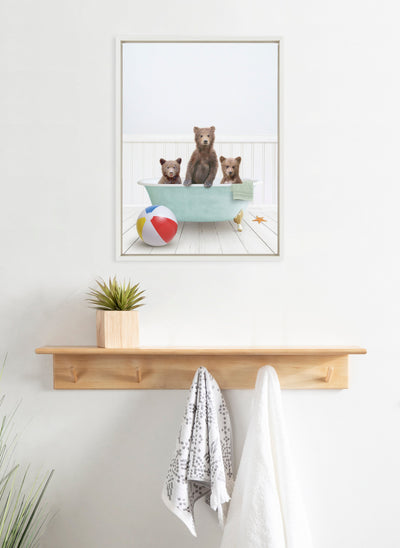 Sylvie Three Bear Cubs In Beach House Bath Framed Canvas by Amy Peterson
