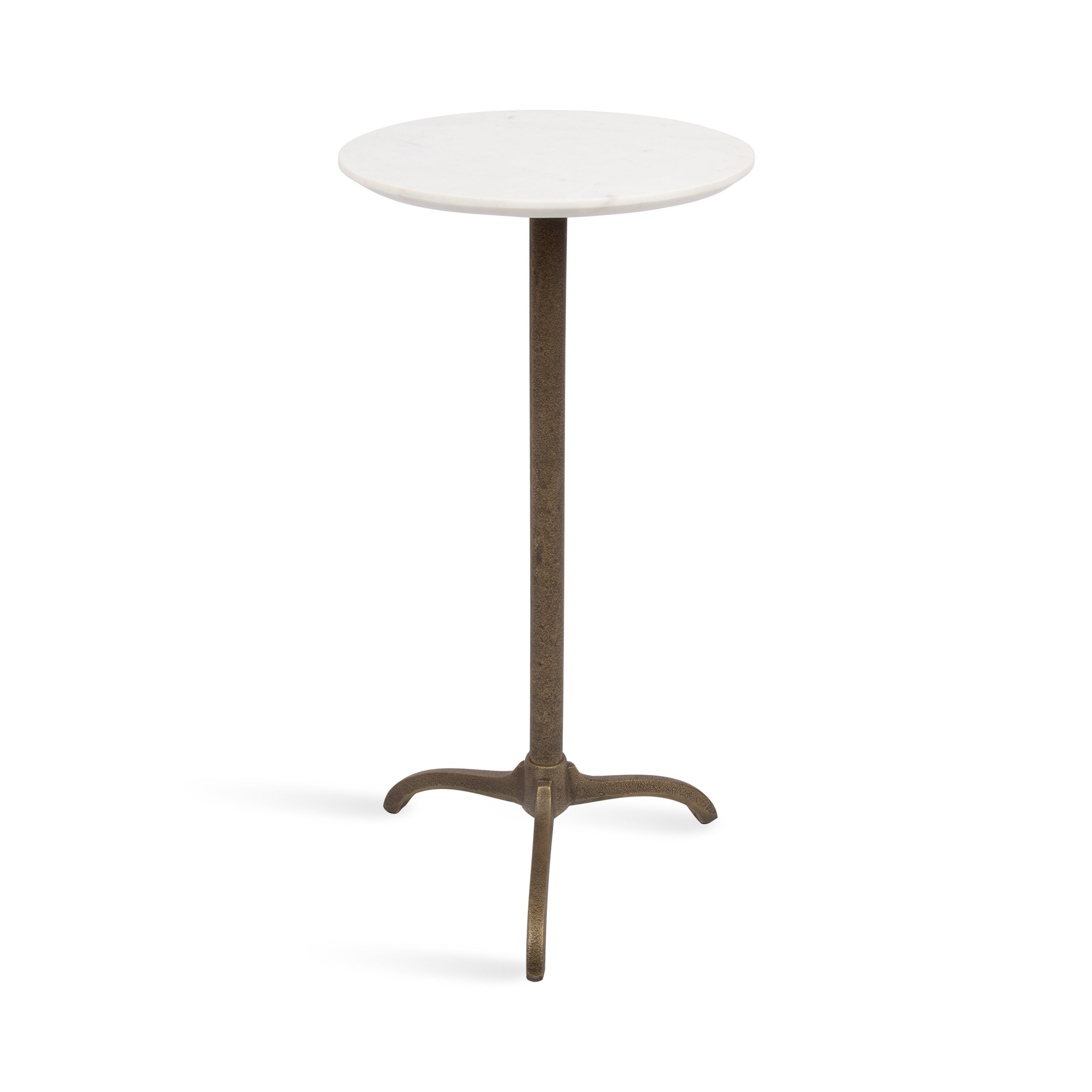 Henshall Marble and Metal Round Side Table featuring a circular marble tabletop and sculptural aluminum tripod base