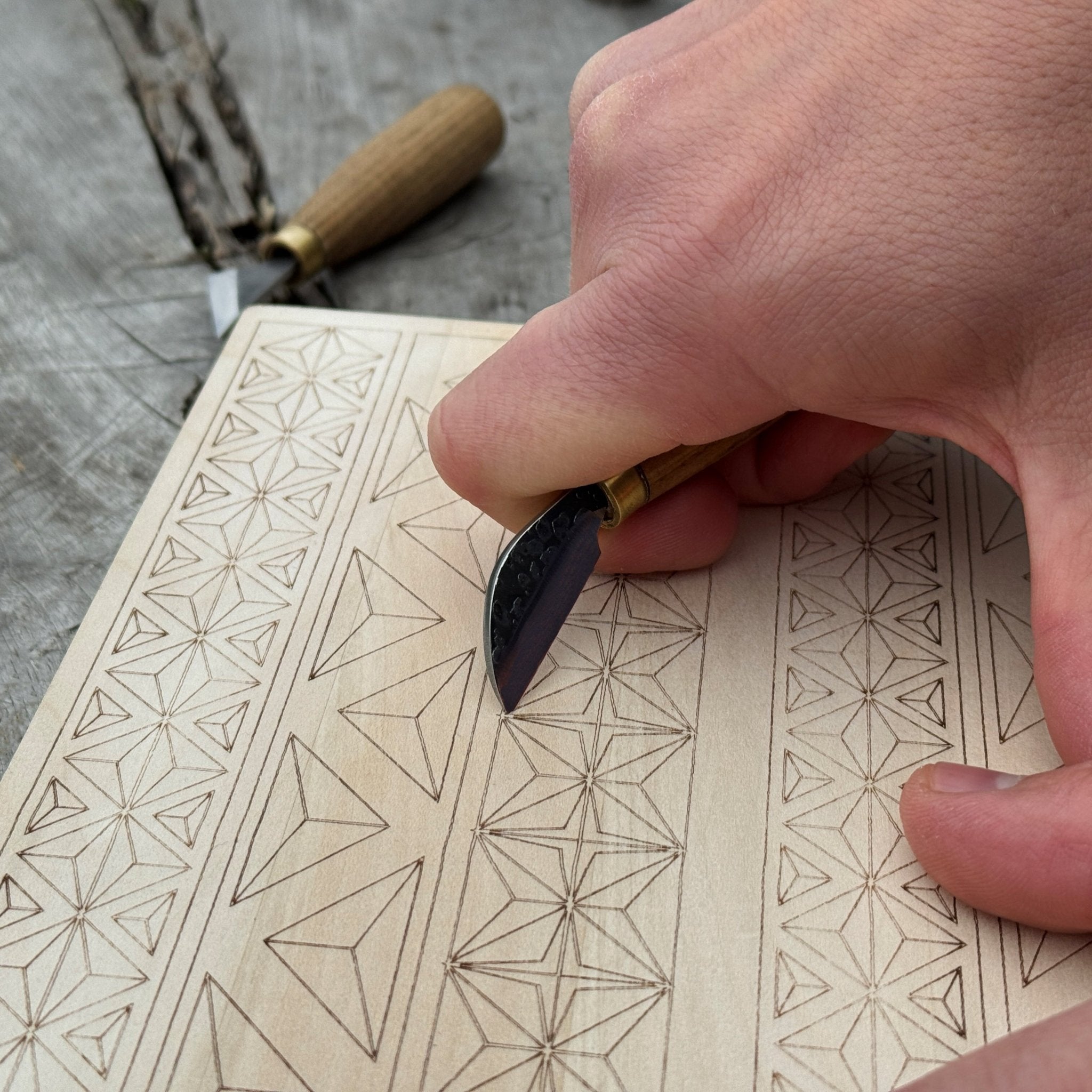 Big Basswood Woodcarving Practice Board with pre-drawn design by Sharky Forged Steel Tools