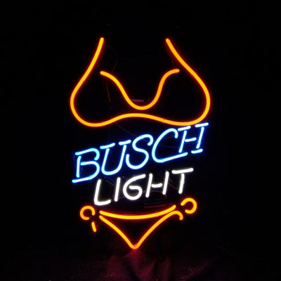 Red Bikini Set Busch Light Neon Signs Light glowing in red with metal grid backing