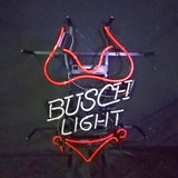 Neon sign shaped like a red bikini with the white text 'BUSCH LIGHT' across the center, mounted against a dark wall.