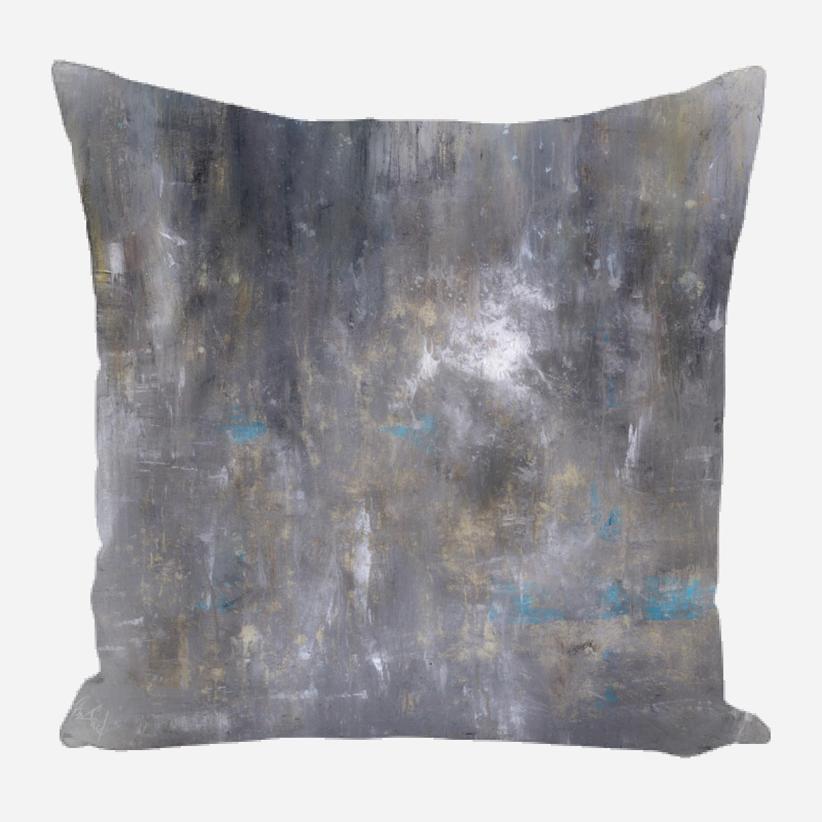 Square pillow with an abstract design in muted gray tones, featuring subtle touches of blue and soft beige brushstrokes.