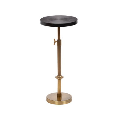 Engles Adjustable Embossed Metal Table and Plant Stand showing gold/black finish with embossed round tabletop