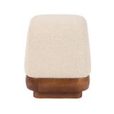 Square ottoman with soft beige fabric upholstery and a solid smooth wooden base with rounded corners, shown from the front.