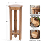 Tall round wooden side table with warm natural finish, a 12-inch diameter tabletop, and a lower circular shelf 9 inches wide, standing 30 inches high.