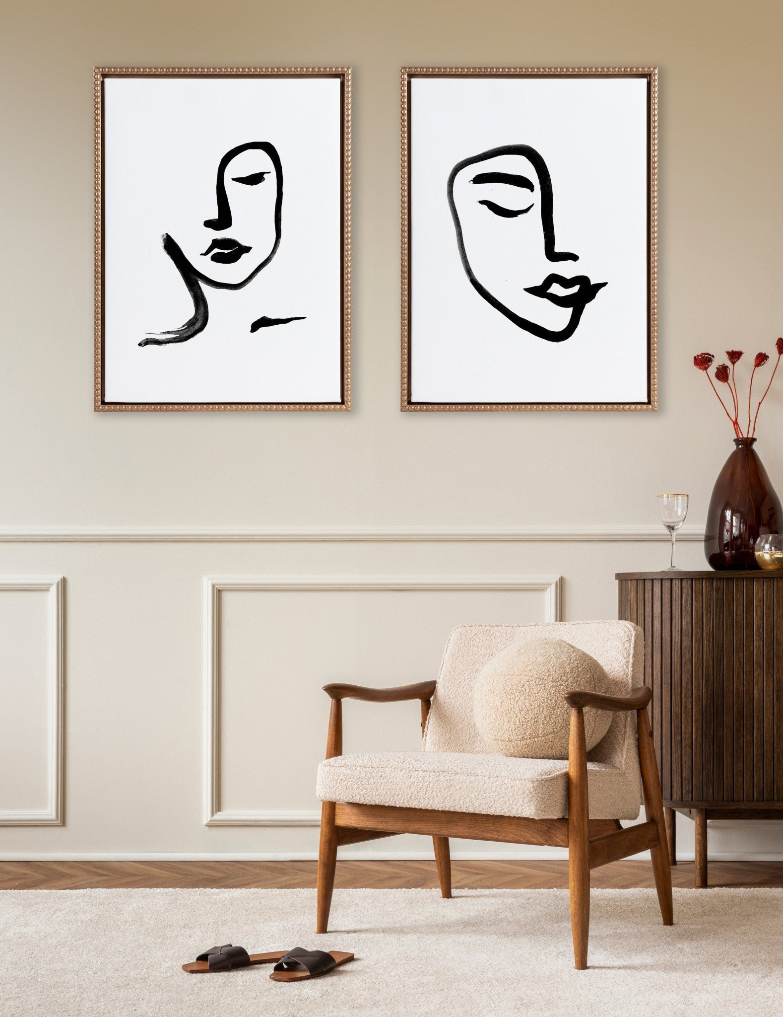 Sylvie Beaded Woman Face and Face Line Art Framed Canvas Set by Viola Kreczmer