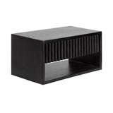 Rectangular black floating wood side table with open storage and vertical slatted panel on front, shown at slight angle on white background.