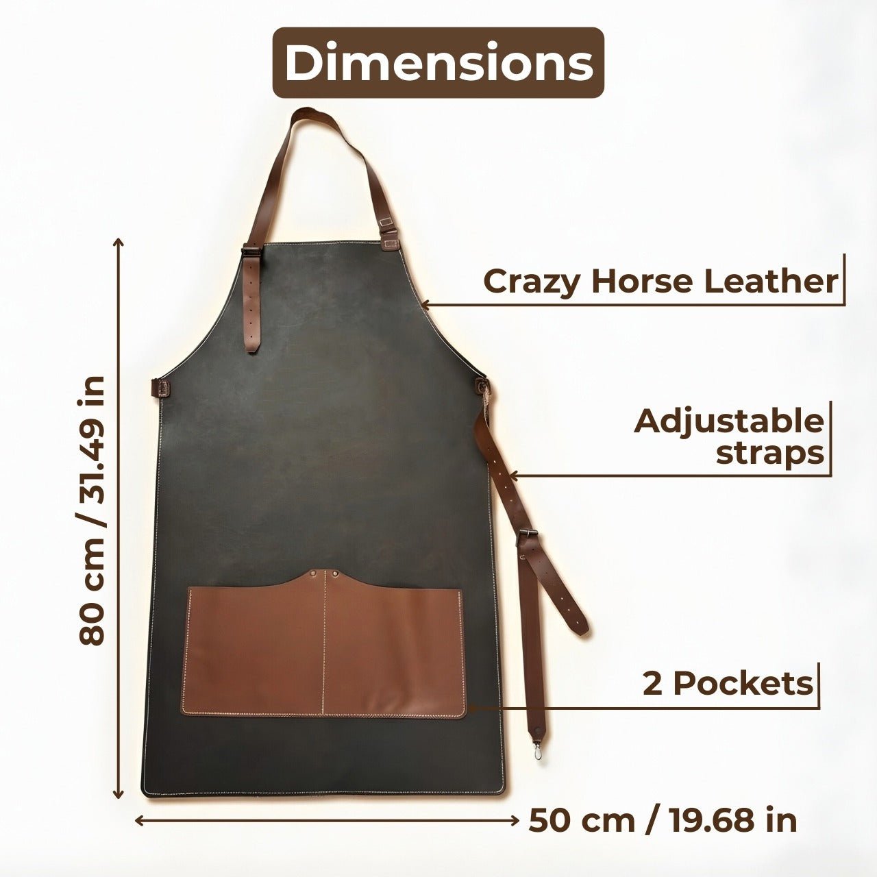 Black leather work apron with adjustable straps and large front pockets