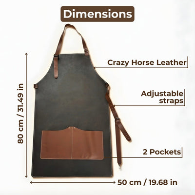 Black leather work apron with adjustable straps and large front pockets