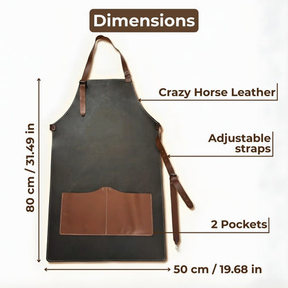 Black leather work apron with adjustable straps and large front pockets