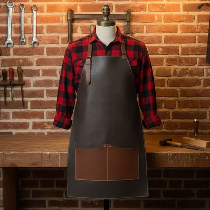 Black leather work apron with adjustable straps and large front pockets