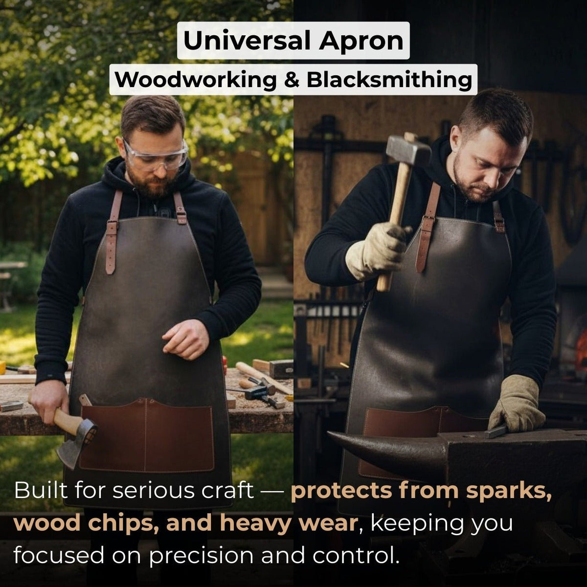Black leather work apron with adjustable straps and large front pockets