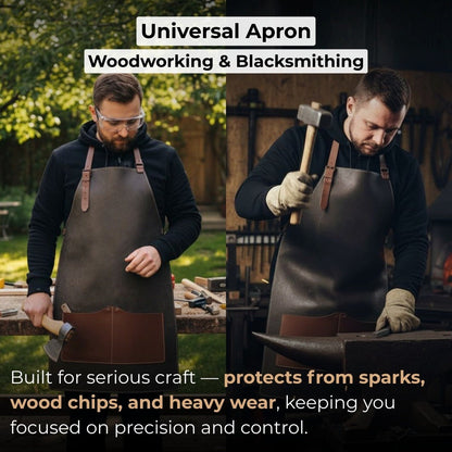 Black leather work apron with adjustable straps and large front pockets