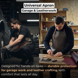 Black leather work apron with adjustable straps and large front pockets