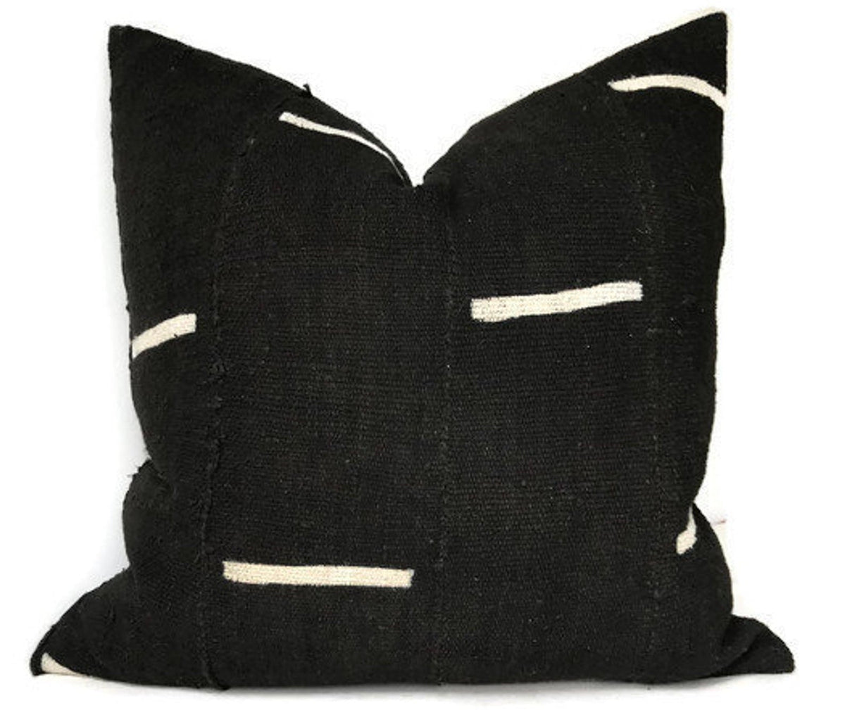 Dashes Print Mudcloth Pillow Cover in Black showing black and white dash pattern front and ivory linen back
