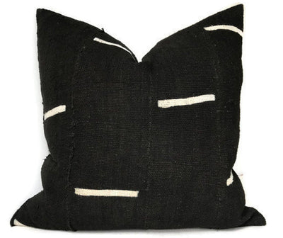 Dashes Print Mudcloth Pillow Cover in Black showing black and white dash pattern front and ivory linen back