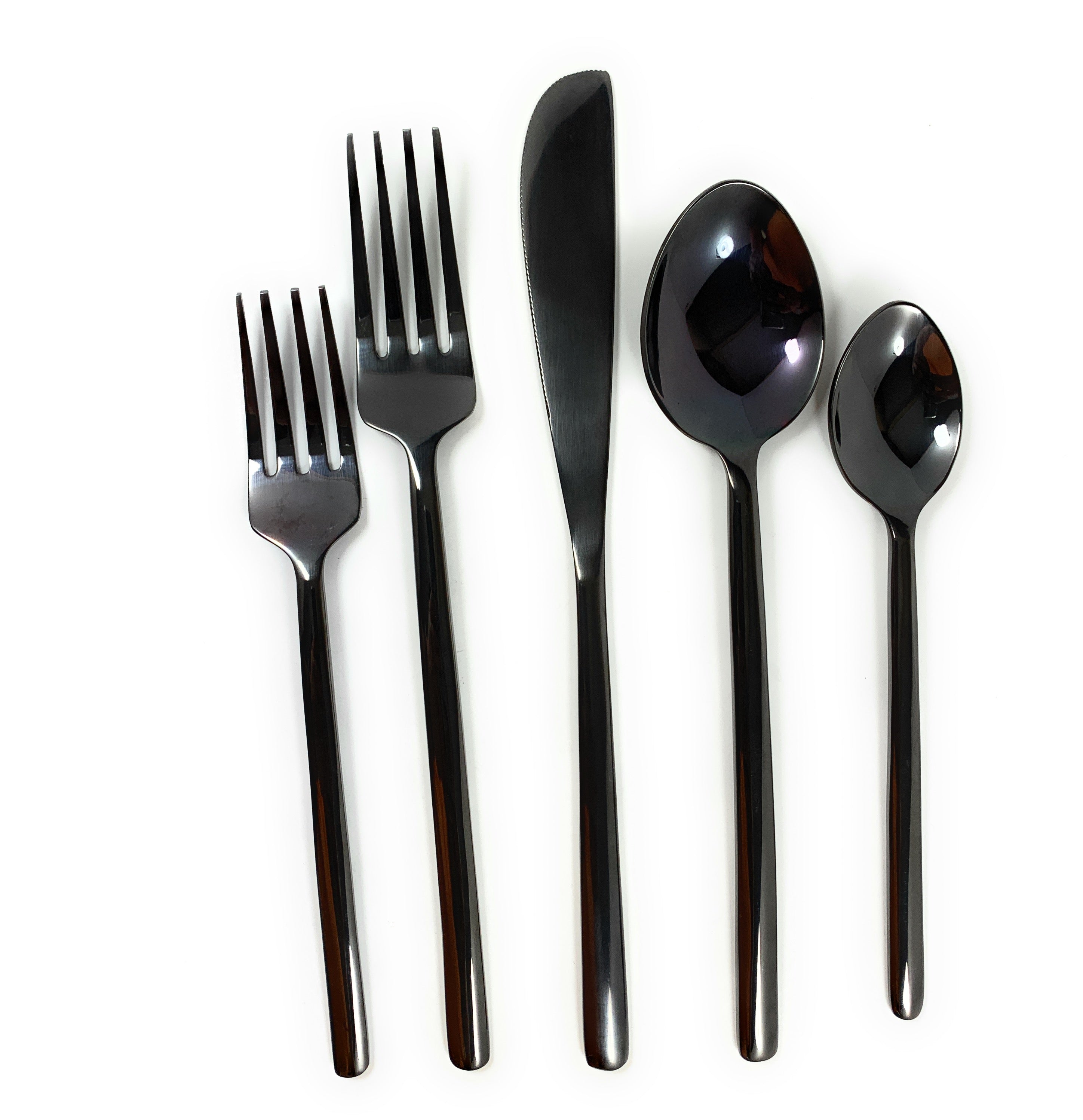 Black flatware set with knives, forks, and spoons laid out on a woven placemat