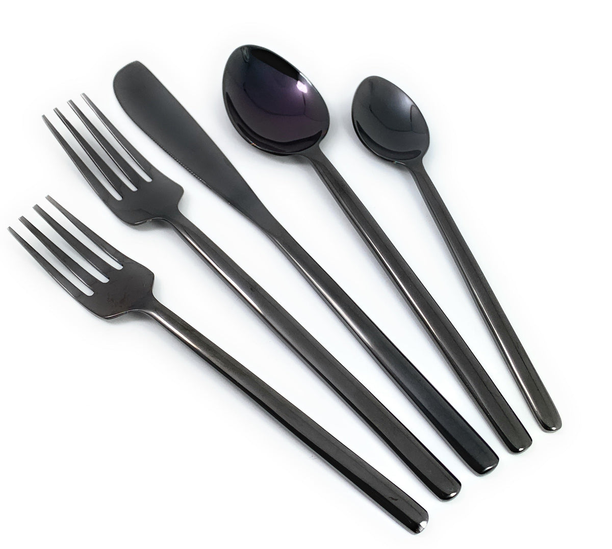 Set of five sleek black stainless steel flatware pieces including two forks, a butter knife, a tablespoon, and a teaspoon, arranged diagonally on white background.