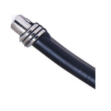 Close-up of a black utensil handle with a silver metal end featuring two horizontal grooves, shown against a white background.