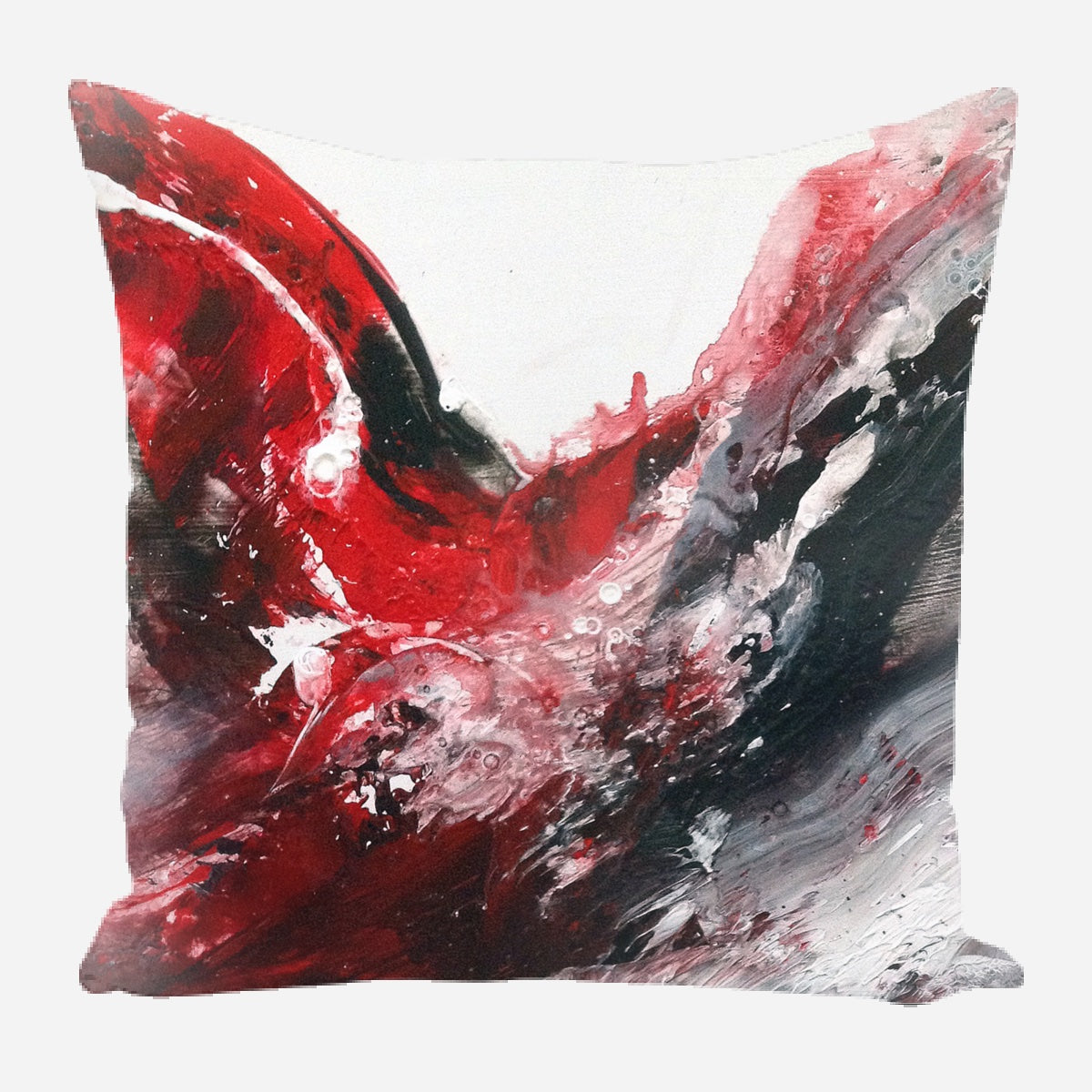Square pillow with abstract swirling red, black, white, and gray brushstrokes blending dynamically across the surface