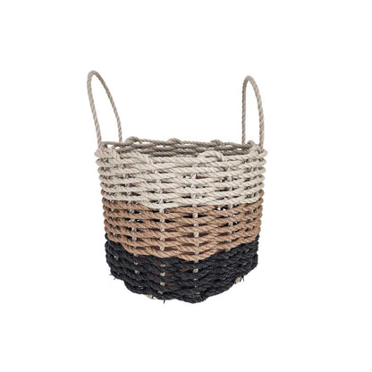 Handwoven storage basket made from black, brown, and tan ombre Maine lobster rope