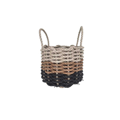 Handwoven storage basket made from black, brown, and tan ombre Maine lobster rope