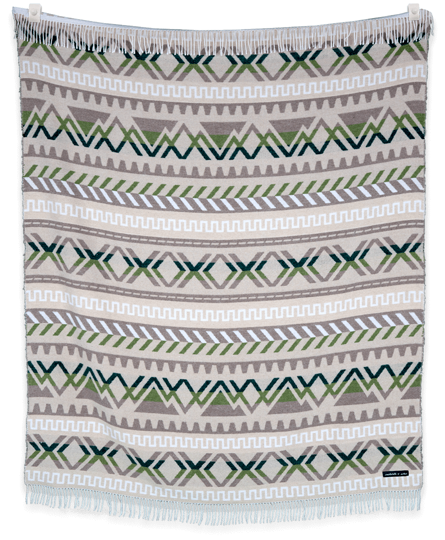 Ridgeline Denali blanket displayed, featuring traditional Fair Isle pattern in warm neutral colors