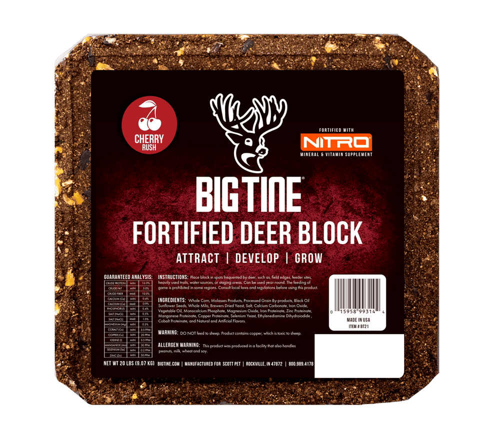 BIG TINE FORTIFIED DEER BLOCK CHERRY showing a red-colored fortified deer feed block
