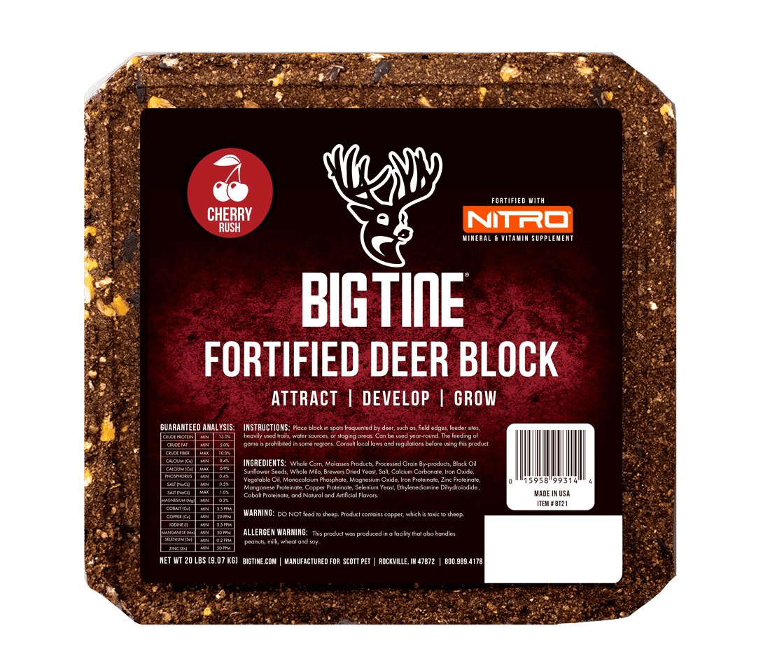 BIG TINE FORTIFIED DEER BLOCK CHERRY showing a red-colored fortified deer feed block