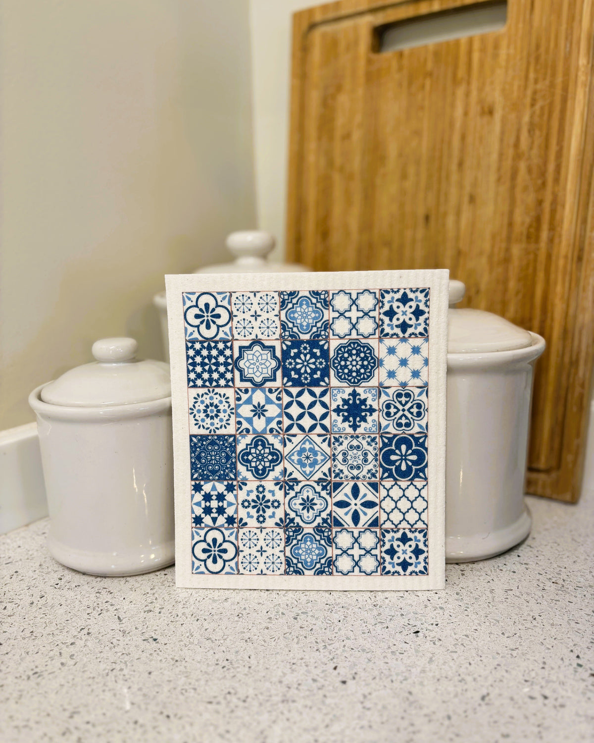 Blue & White Mediterranean Tile Swedish Dishcloth by sweetgum home, LLC - product image 2 for Resin Society