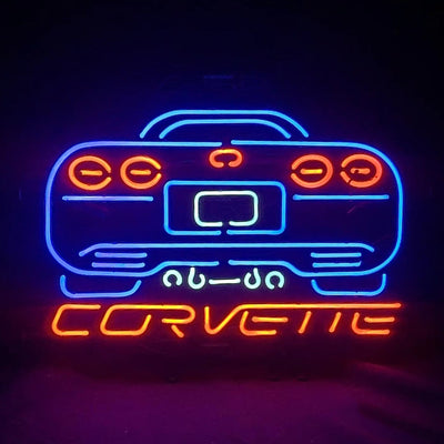 Blue neon sign shaped like a Corvette car motor mounted on a metal grid backing