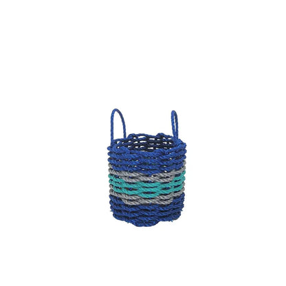 Handmade storage basket woven from blue and teal Maine lobster rope with light gray accents