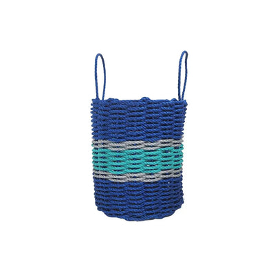 Handmade storage basket woven from blue and teal Maine lobster rope with light gray accents