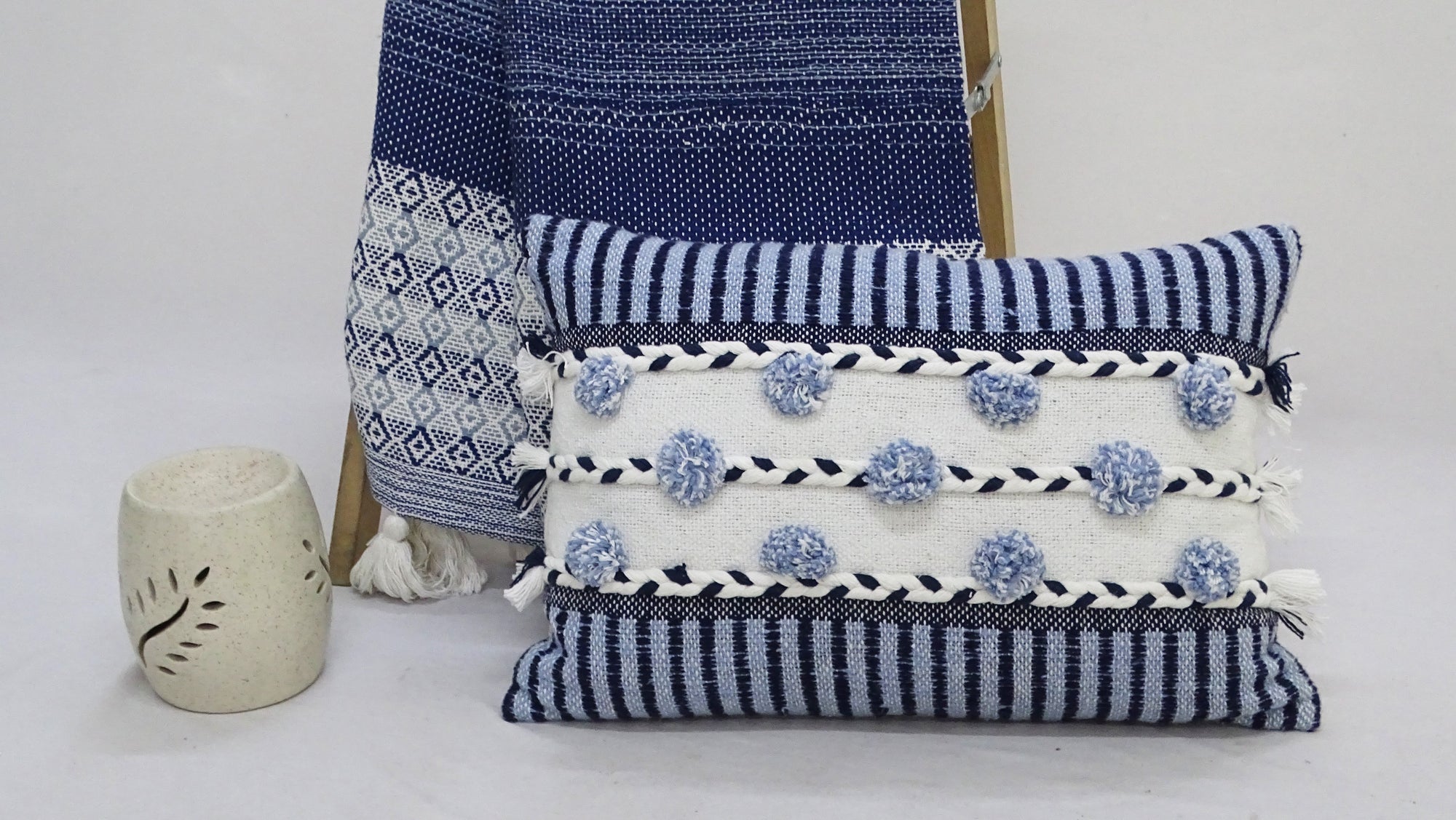 Striped Throw Pillow with Braid and Tassels 14"x20"