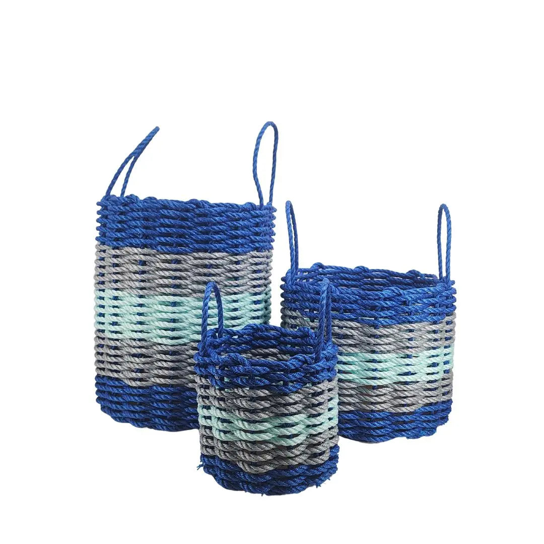 Five Stripe Rope Storage Basket in Blue, Gray, and Seafoam colors