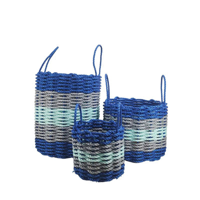 Five Stripe Rope Storage Basket in Blue, Gray, and Seafoam colors