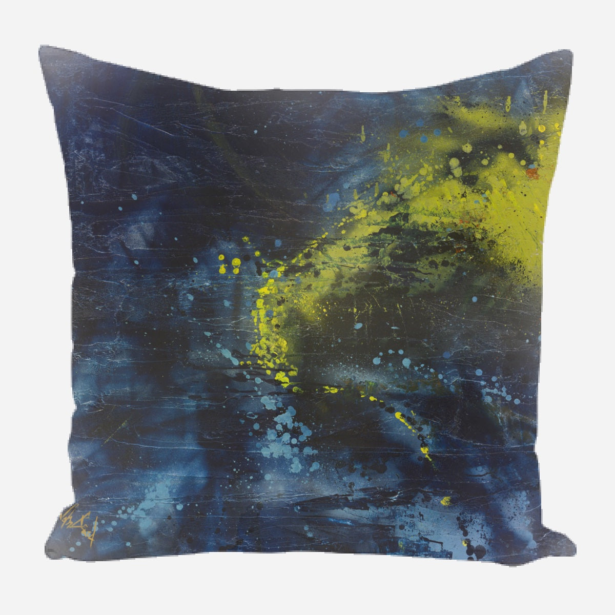 Square pillow with an abstract dark blue background and bright yellow and green paint splatters creating a dynamic pattern.