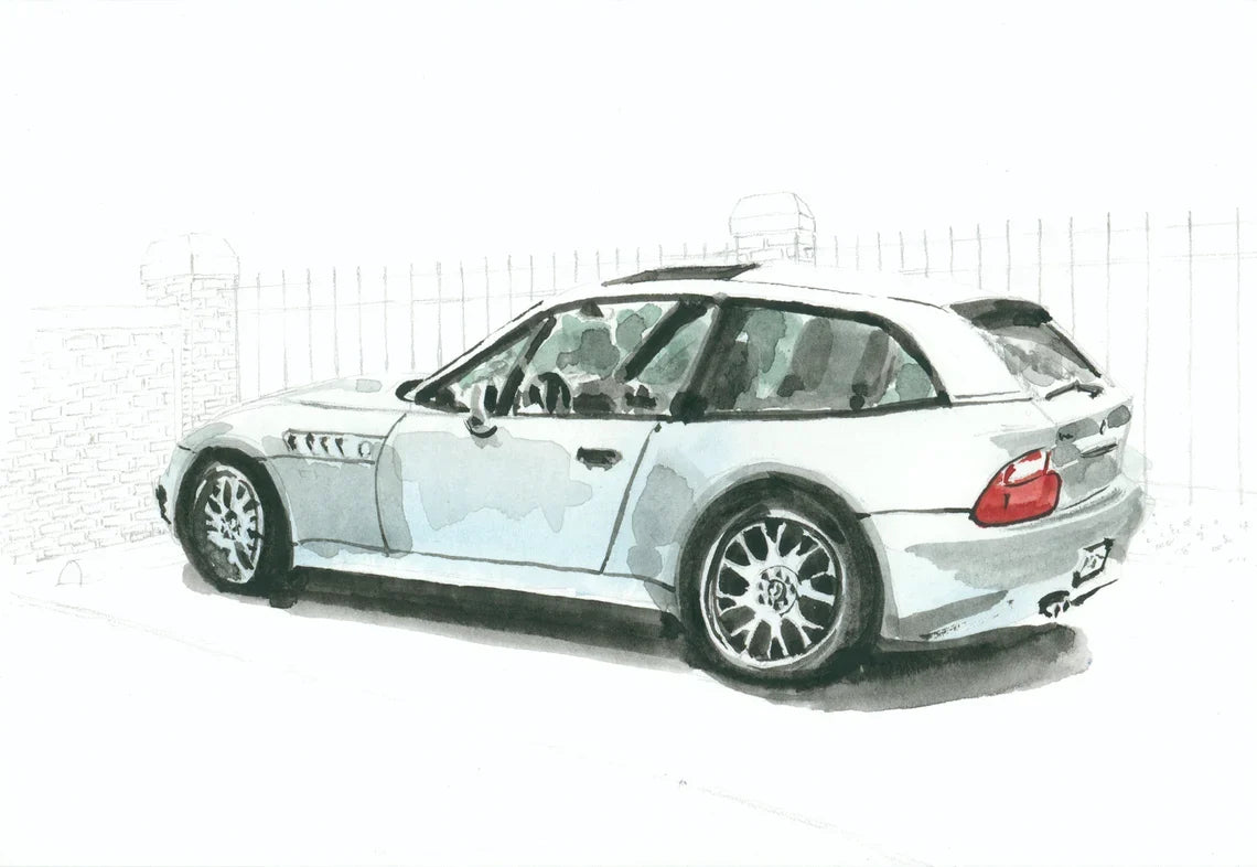 Fine art watercolor print of a BMW Z3 M Coupe car in Washington Heights with white border on textured cotton paper
