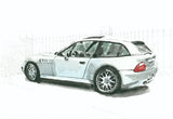 Fine art watercolor print of a BMW Z3 M Coupe car in Washington Heights with white border on textured cotton paper