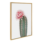 Vertical green cactus with pink spines topped by a large, soft pink flower on a white background, framed in natural wood.