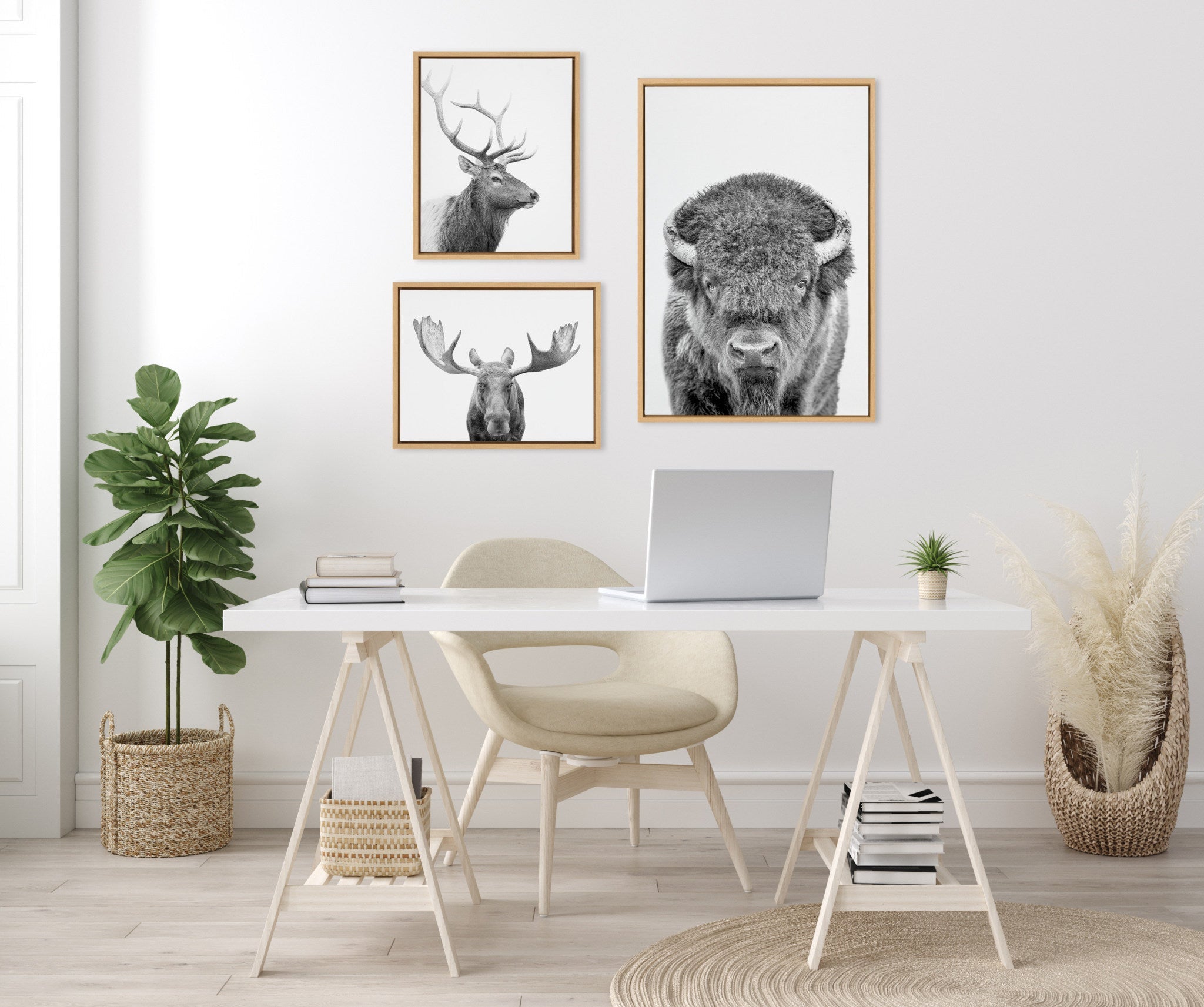 Sylvie Sylvie Bison Portrait Black and White, Stag Profile, and Moose Framed Canvas Art Set by Amy Peterson Art Studio