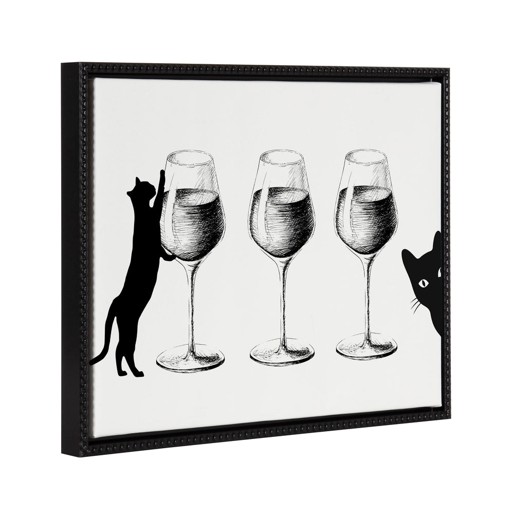 Framed canvas art depicting cats and wine with a vintage beaded frame