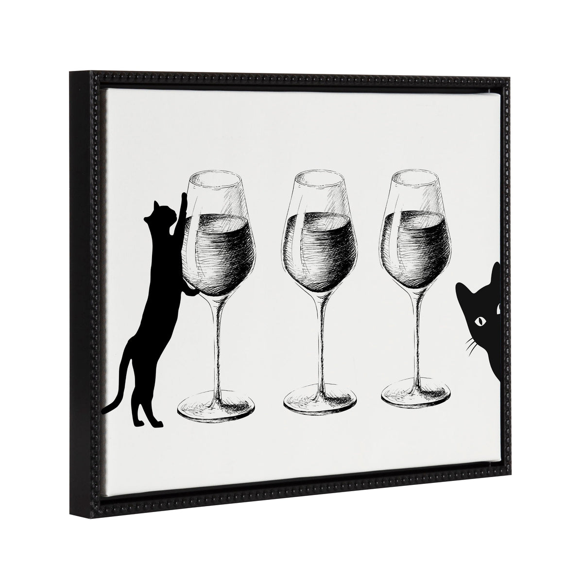 Framed canvas art depicting cats and wine with a vintage beaded frame