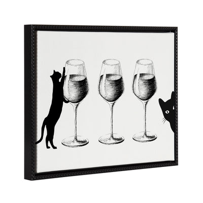 Framed canvas art depicting cats and wine with a vintage beaded frame