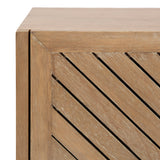 Close-up of a wooden table corner with diagonal slats framed by a smooth, rectangular wooden border in a light natural finish.