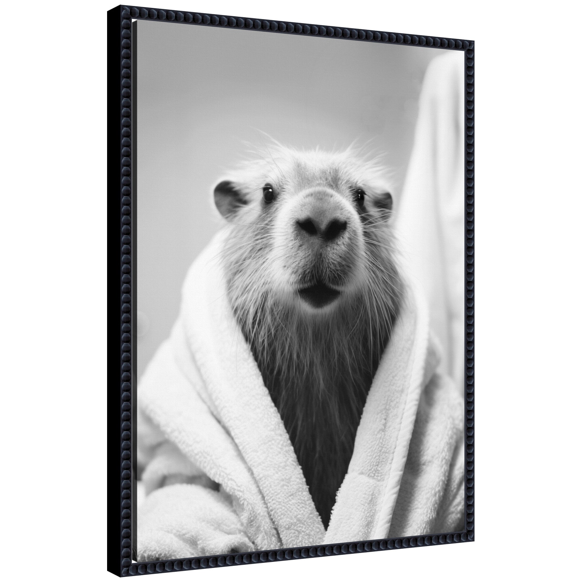 Black and white framed canvas art featuring a capybara wearing a towel robe by The Creative Bunch Studio