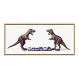 Two brown T-Rex dinosaur figurines facing each other with six small vintage cars lined up between them on a white background, framed in light wood.