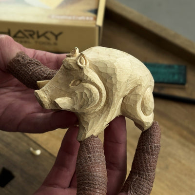Complete Boar Carving Kit with knife, wood blocks, sandpaper, sharpening board, pencil, and boar drawing template