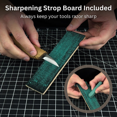 Complete Boar Carving Kit with knife, wood blocks, sandpaper, sharpening board, pencil, and boar drawing template